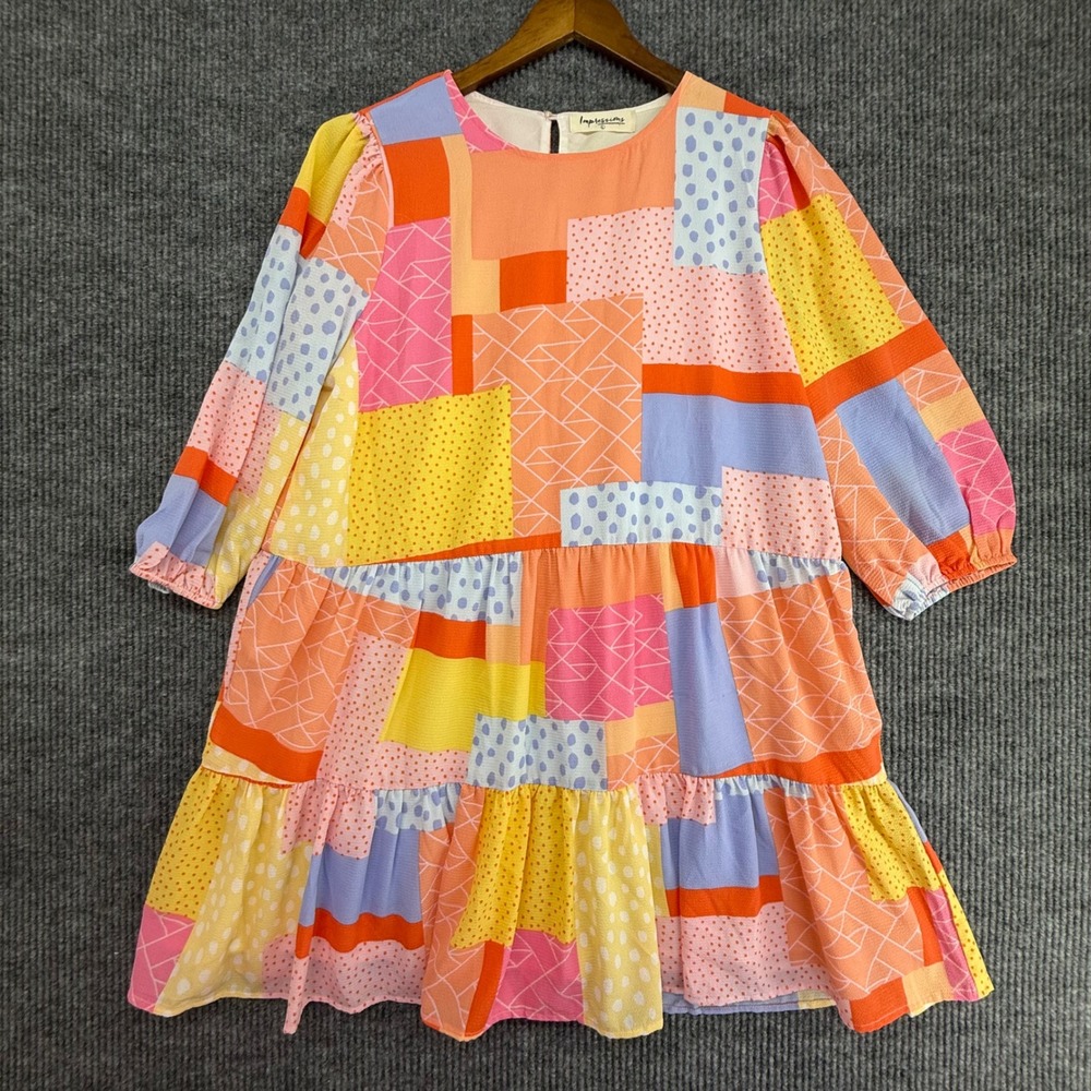 Impressions Patchwork Babydoll Dress Womens Large Multi Color Excellent Mini 3/4